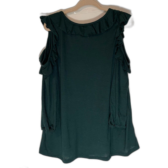 French Laundry Blouse 1X Forest Green Cold Shoulder 3/4 Sleeve Ruffles Bohochic - Picture 5 of 6